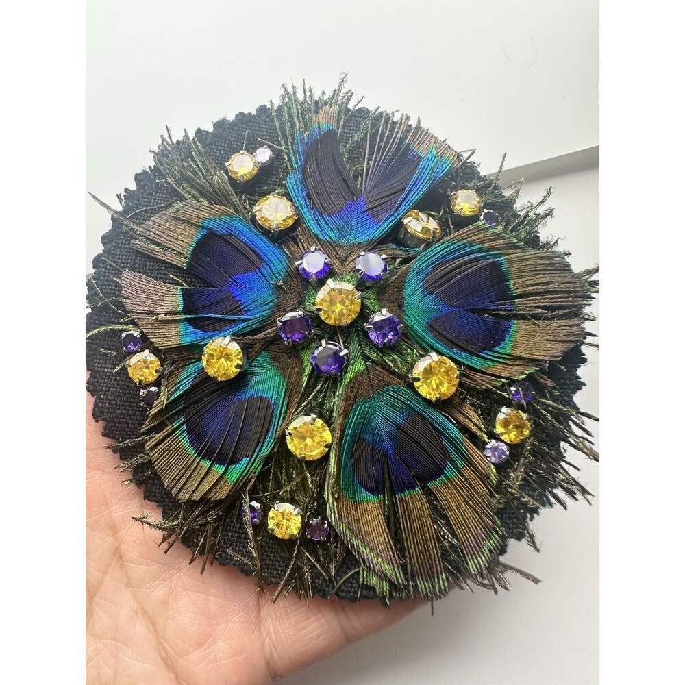 Handmade Peacock Feather Rhinestone Floral Pin Brooch